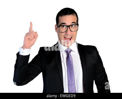 Isolated funny business man pointing up Stock Photo