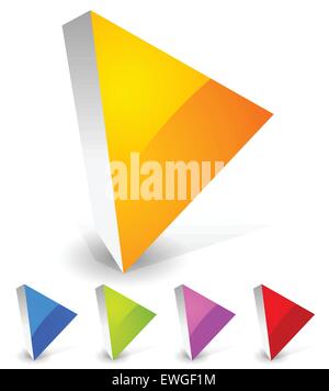 Bright and glossy play button icons in 3d. Orange, blue, green, purple and red colors. Stock Vector