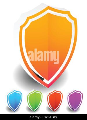 3D Bright, colorful shield shapes in 5 colors isolated on white with shadow. Stock Vector