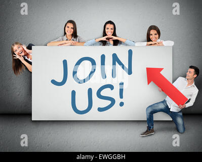 Join us word writing on white banner Stock Photo