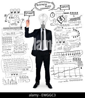 Isolated bulb head man writing business plan Stock Photo