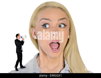 Isolated business woman looking surprised on little man Stock Photo