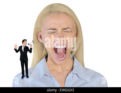 Isolated little business man screaming on stressed woman Stock Photo