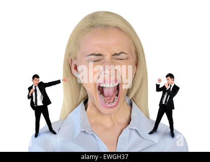 Isolated little business man screaming on stressed woman Stock Photo