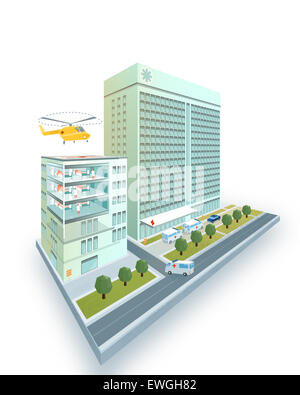Isometric hospital having helipad on roof modern 3D design model isolated on white background