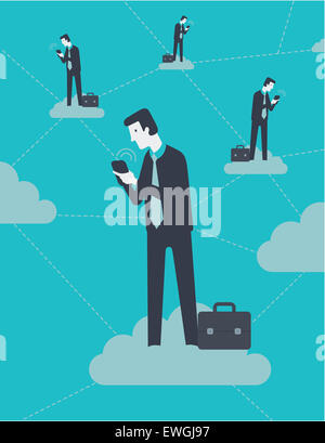 Businessmen working on mobile phone connected together through cloud computing Stock Photo