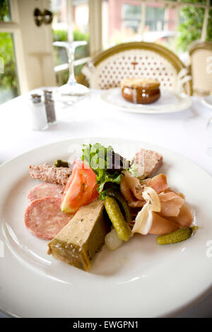 Plateau de Charcuterie, Assorted Saucisson, Pates, Prosciutto and Cornishons Stock Photo