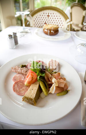 Plateau de Charcuterie, Assorted Saucisson, Pates, Prosciutto and Cornishons Stock Photo