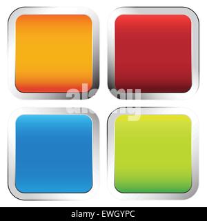 Colorful squares with rounded corners and metallic borders. Blank orange, red, blue and green squares. Stock Vector