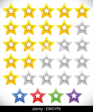 Star rating system with 3d stars. Quality, rating, ranking concepts. 5 colors included. Vector. Stock Vector