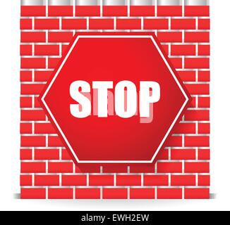 Stop sign on brickwall. Block, blocade, obstruction Stock Vector