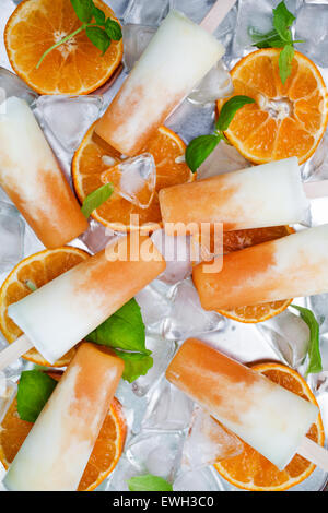 Homemade frozen yogurt cantaloupe popsicles Stock Photo