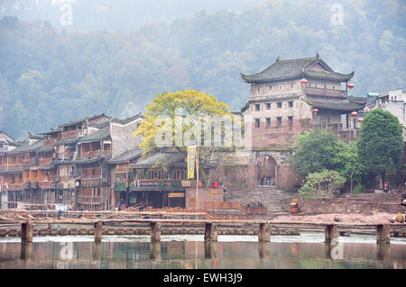 North Gate Tower and Tuojiang River in Fenghuang, Hunan Province, China Stock Photo