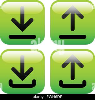 Stylish green upload, download buttons or generic up, down concept buttons w/ 2 types of symbols Stock Vector