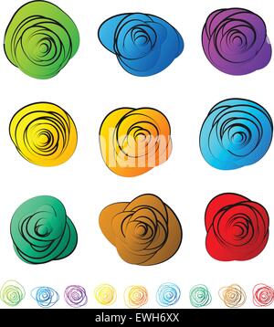 Abstract circular elements - circles, ovals with distortions in bright, lively colors. (W/ Outline versions) Stock Vector