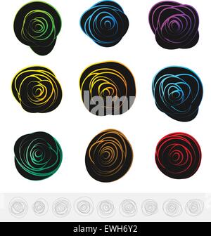 Abstract circular elements - circles, ovals with distortions in bright, lively colors. (W/ Outline versions) Stock Vector