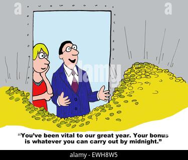 Business cartoon of boss saying to manager, 'you've been vital to our great year.  Your bonus is whatever you can carry out...'. Stock Photo