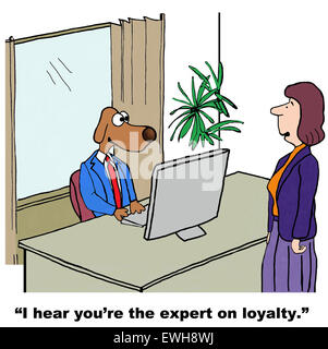 Business cartoon of businesswoman saying to business dog, 'I hear you are the expert on loyalty'. Stock Photo
