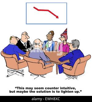 Business cartoon of meeting and chart with declining sales, '...seem counter intuitive, but maybe the solution is to lighten up'