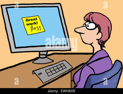 Business cartoon of sticky note boss left for employee saying 'great work'. Stock Photo