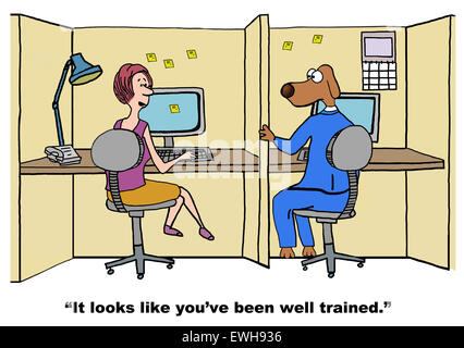 Business cartoon of manager saying to business dog, 'it looks like you've been well trained'. Stock Photo