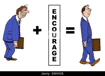 Business cartoon showing the positive impact of 'encourage' on the businessman. Stock Photo