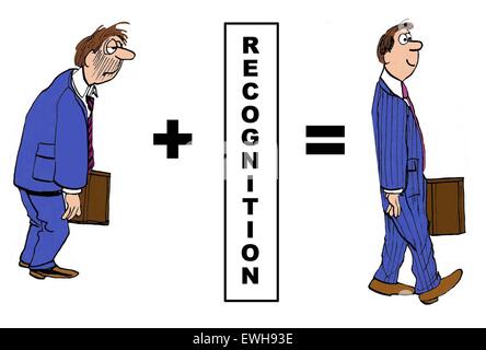 Business cartoon showing the positive impact of 'recognition' on the employee. Stock Photo