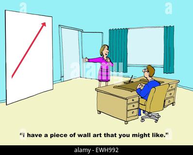 Business cartoon showing increasing red arrow and businesswoman saying to businessman that he might like this as wall art. Stock Photo