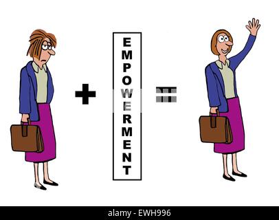 Business cartoon showing the positive impact of 'empowerment' on the businesswoman. Stock Photo