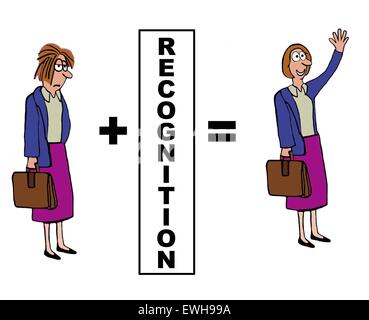 Business cartoon showing the positive impact of 'recognition' on the businesswoman. Stock Photo