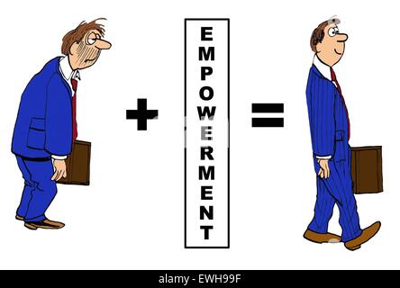 Business cartoon showing the positive impact of 'empowerment' on the businessman. Stock Photo