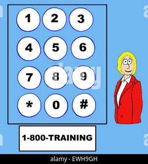 Business cartoon of businesswoman, telephone touch pad and 1-800-TRAINING. Stock Photo