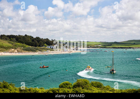 Rock, Cornwall and the Black Tor Ferry across the Camel Estuary seen from Stile Field, Padstow Stock Photo