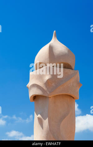 La Pedrera (Casa Mila). Barcelona, Spain, Europe. Chimney Pot on the roof. Designed by Antoni Gaudi Stock Photo