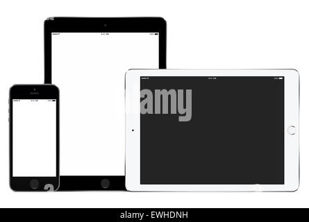 Mockup of smartphone and two tablet computers in portrait and landscape orientation for responsive design presentation. Stock Photo