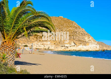 a view of the Beach of Agua Amarga in the Cabo de Gata-Nijar Natural Park, in the Province of Almeria, in Spain Stock Photo