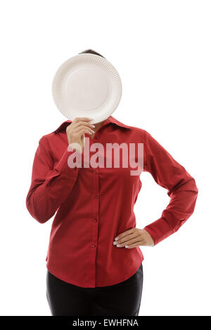 businesswoman holding a paper plate up to her face Stock Photo