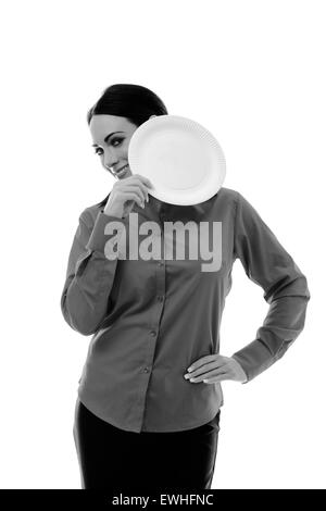 businesswoman holding a paper plate up to her face Stock Photo