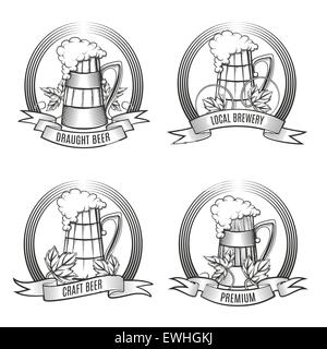 Set of Beer mugs and hop leaves emblem with ribbon. Engraving style. Free font Oswald used. isolated on white background. Stock Vector