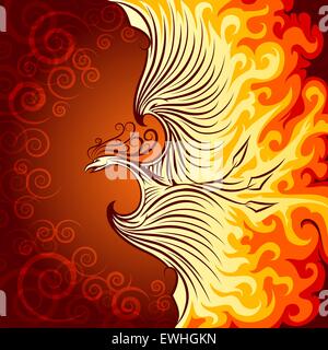 Decorative illustration of flying phoenix bird. Phoenix in burning flame. Stock Vector