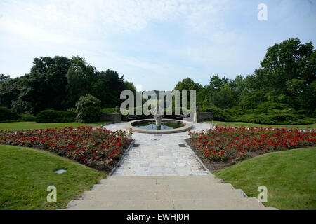 Lidice Rose Garden won the prestigious Award of Garden Excellence for exceptional park from the organization World Federation of Rose Societies. Rose Garden of Friendship and Peace in Lidice is the largest orchard of roses in the Czech Republic with 24,000 rose bushes of 240 varieties, occupying an area of over three and a half hectares. Lidice Rose Garden is pictured in Lidice, Czech republic, June 26, 2015. (CTK Photo/Michal Krumphanzl) Stock Photo