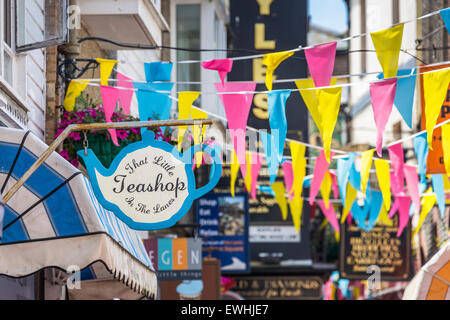 Sign for 'That Little Teashop In The Lanes' and other shop signs, The Lanes, Brighton, East Sussex, UK Stock Photo