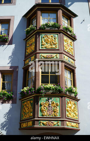 Architectural detail of a bay window in an old house at the black forest town Rottweil Stock Photo