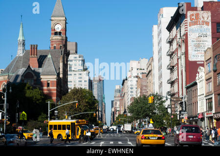 Jefferson Market Courthouse, 6th Street, Greenwich Village, New York, USA. U.S.A., New York, Manhattan,Greenwich village,the 'Old Jeff' tower. village clocktower. 6th avenue, avenue of americas with 8st street. Stock Photo