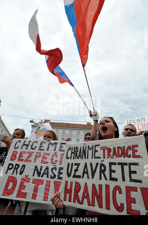 Brno, Czech Republic. 26th June, 2015. Protest against refugee quotas by far-right Workers' Youth at the Moravske namesti square, Brno, Czech Republic, June 26, 2015. (CTK Photo/Vaclav Salek/Alamy Live News) Stock Photo