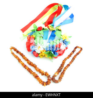 Ukrainian wreath and Ukrainian amber necklace Stock Photo