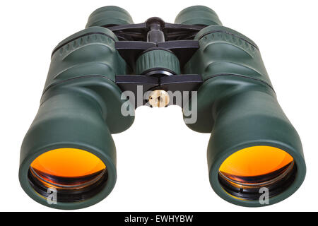 green field binoculars with yellow glasses isolated on white background Stock Photo