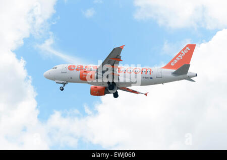 Aircraft -Airbus A319-111-, of -EasyJet- airline, is taking off from Madrid-Barajas -Adolfo Suarez- airport. Stock Photo