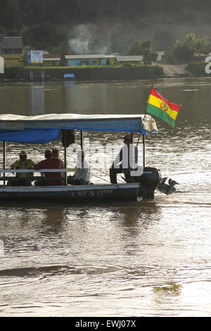 Rurrenabaque, Bolivia - MAY 12: wooden boats in Beni River on May 12, 2015 in Beni Region, Bolivia. The rivers are the main road Stock Photo