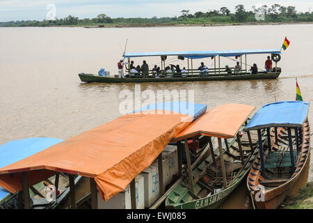 Rurrenabaque, Bolivia - MAY 12: wooden boats in Beni River on May 12, 2015 in Beni Region, Bolivia. The rivers are the main road Stock Photo